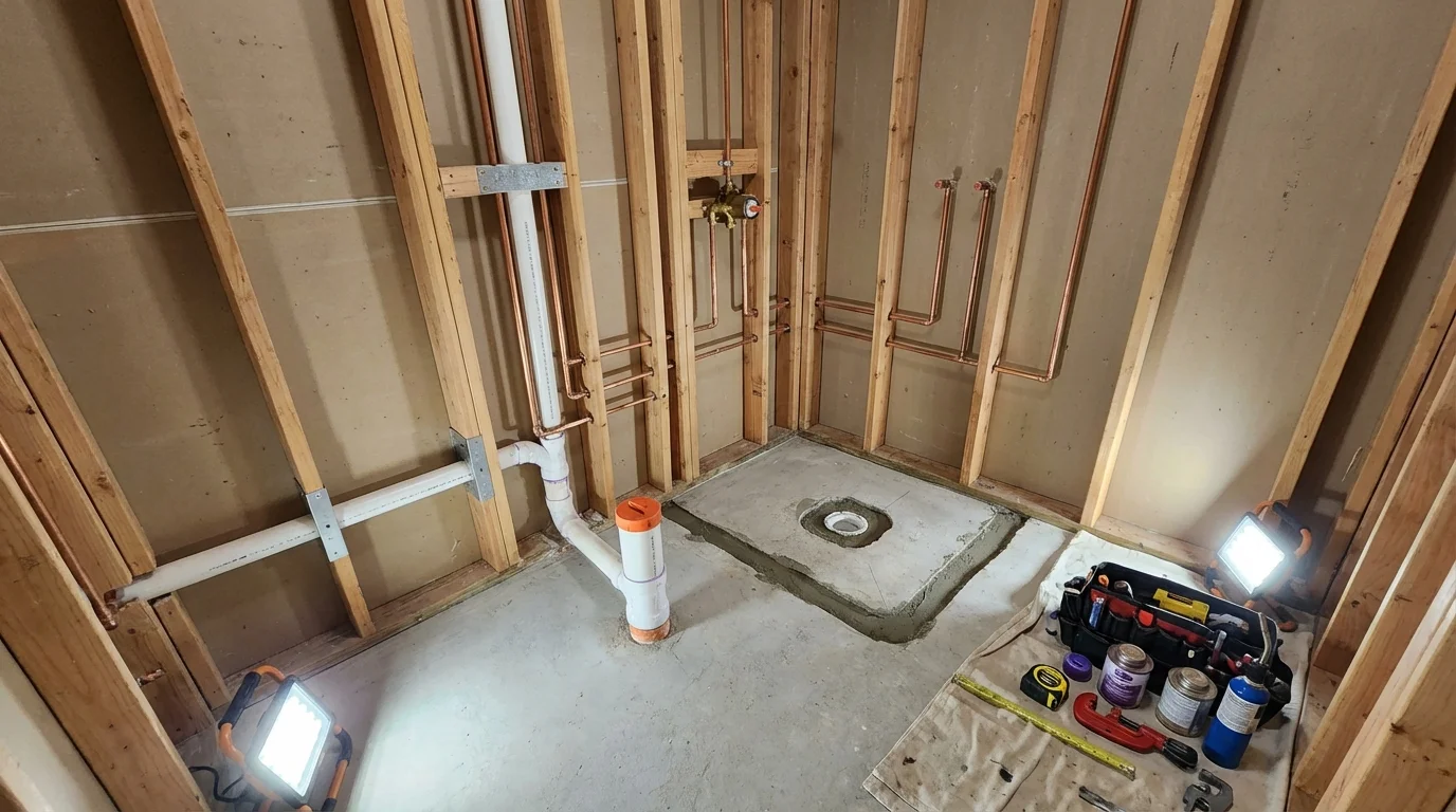 Bathroom rough-in plumbing during remodel by Johns Plumbing LLC in Alhambra