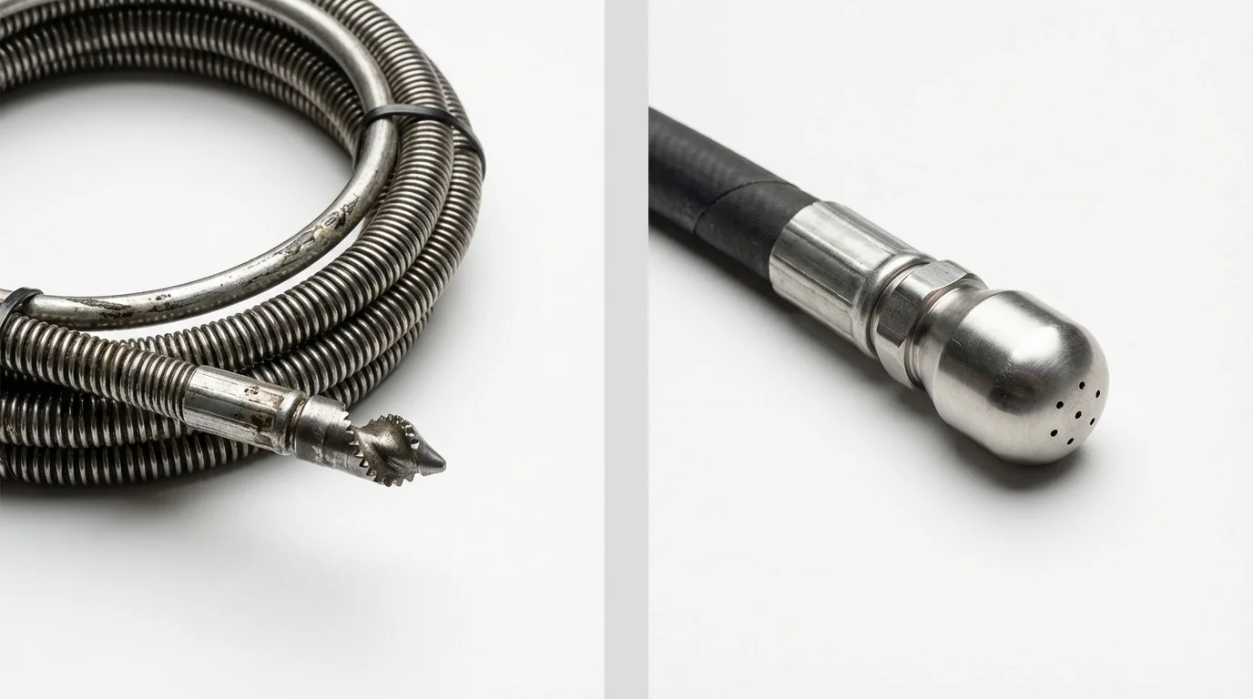 Drain snake cable and hydro jetting nozzle used for drain cleaning in Alhambra, CA