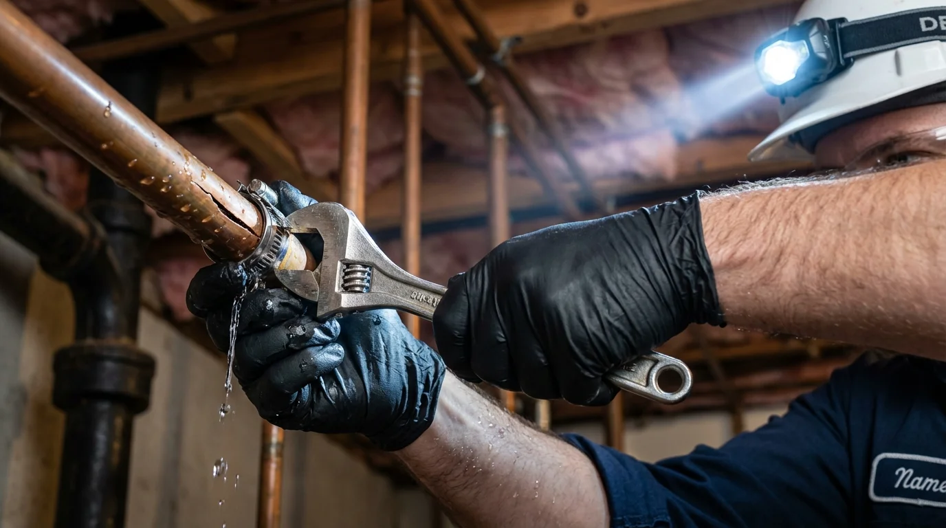 Emergency pipe clamp repair being performed by a Johns Plumbing LLC plumber in Alhambra
